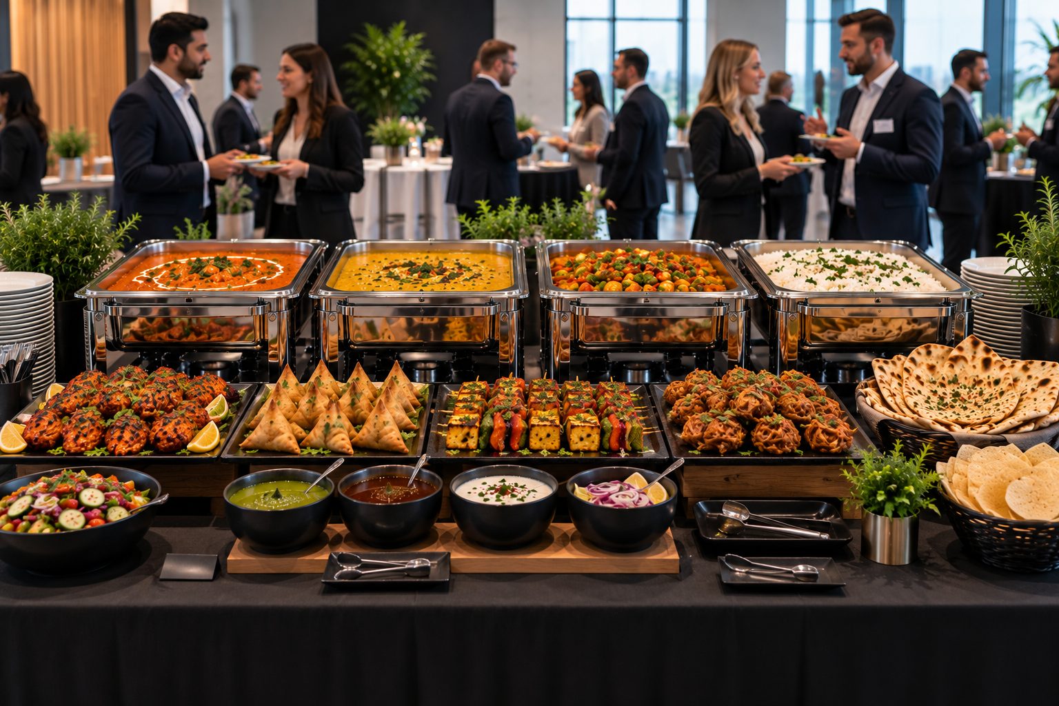Business-Catering: indisches Buffet mit Butter Chicken, Dal, Gem&uuml;securry und Reis in Chafing Dishes, davor Tandoori-H&auml;hnchen, Samosa, Paneer-Spie&szlig;e, Pakora, Naan und Chutneys &ndash; im Hintergrund G&auml;ste einer Firmenveranstaltung