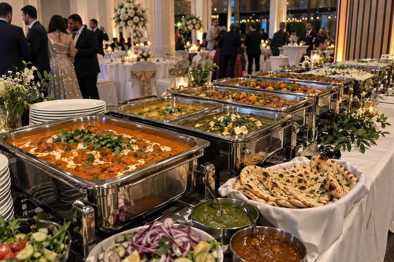 Hochzeitscatering: indisches Buffet mit Butter Chicken, Palak Paneer und frischem Naan, im Hintergrund die festlich gedeckte Feier