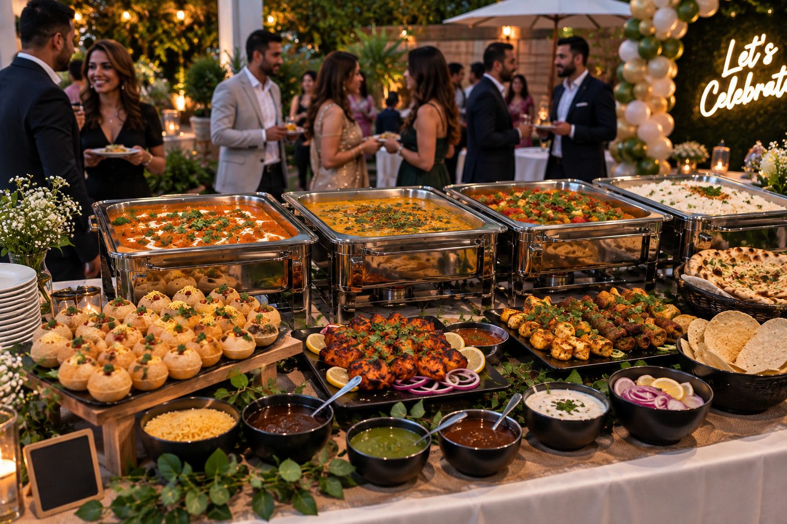 Partyservice bei einer Gartenfeier am Abend: Butter Chicken, Dal, Gem&uuml;securry und Reis in Chafing Dishes, davor Pani Puri, Tandoori-H&auml;hnchen, Kebab-Spie&szlig;e, Naan, Papadum und Chutneys